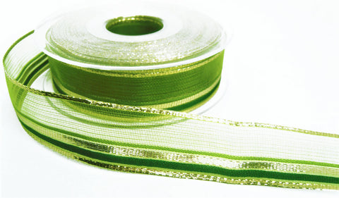 R7958 25mm Greens-Gold-Sheer-Metallic Lurex Stripe Ribbon, Berisfords