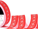 R8011 25mm Red-White Christmas Snowflake Rustic Taffeta Ribbon, Berisfords