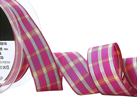 25mm Fuchsia Pink Regal Tartan Check Ribbon by Berisfords
