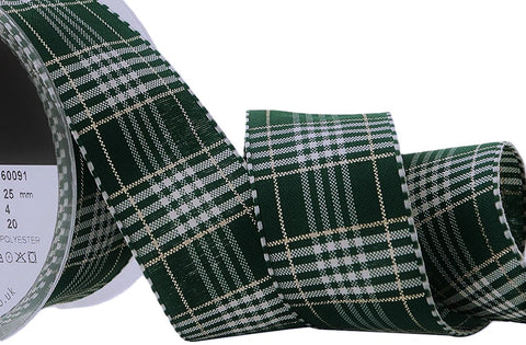 R8688 25mm Cedar Green Vintage Style Rustic Plaid Ribbon by Berisfords