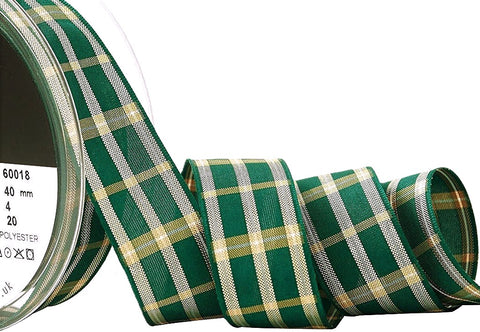 25mm Dark Green, Yellow & Metallic Gold Tartan Check Ribbon - Berisfords