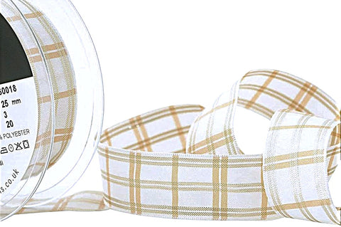 25mm Natural & Metallic Gold Regal Tartan Check Ribbon - Berisfords
