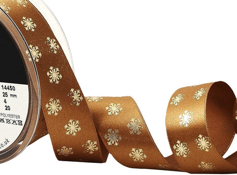 R8747 25mm Old Gold Satin Ribbon-Metallic Polka Flake Print, Berisfords