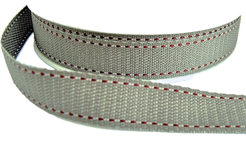 16mm Grey Woven Ribbon with Burgundy & White Stitch | Berisfords