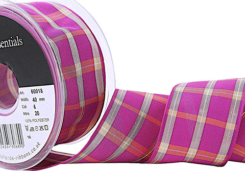 40mm Fuchsia & Metallic Gold Tartan Check Ribbon - Berisfords