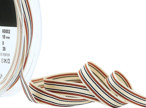 R9273 10mm Ivory-Copper-Grey Striped Deckchair Grosgrain Ribbon