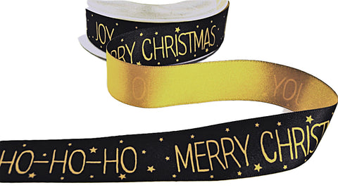 R9470 25mm Topaz-Black Satin MERRY CHRISTMAS Ribbon, Berisfords