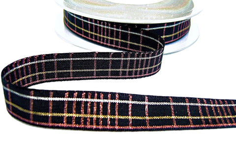 15mm Black Plaid Ribbon with Metallic Pink-Gold-Silver, Berisfords