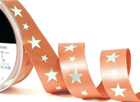 R9519 25mm Rose Gold Satin Ribbon-Metallic Star Print, Berisfords