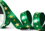 R9520 25mm Green Satin Ribbon-Metallic Gold Star Print, Berisfords