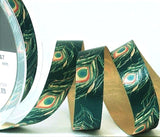 15mm Green-Multi Peacock Feather Print Satin Ribbon | Berisfords