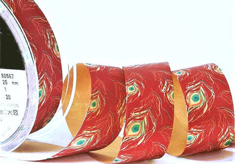 25mm Russet Red-Multi Peacock Feather Print Satin Ribbon | Berisfords