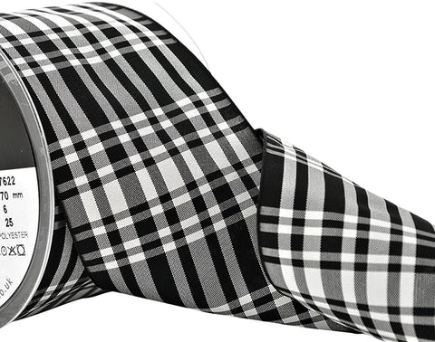 70mm Menzies Black & White Tartan Polyester Ribbon | Berisfords