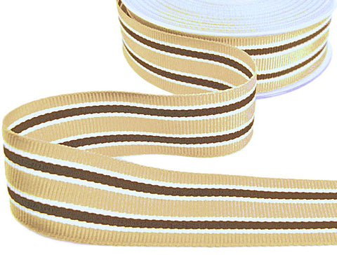 27mm Sand, Brown & White Striped Grosgrain Ribbon | Berisfords
