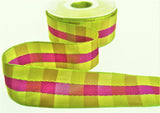 R9659 40mm Greens-Fuchsia Pink Banded Gingham Ribbon by Berisfords