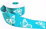 R9665 40mm Blue Satin with White Embossed Butterfly Ribbon, Berisfords