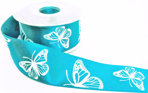 R9665 40mm Blue Satin with White Embossed Butterfly Ribbon, Berisfords