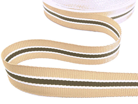 17mm Sand, Brown & White Striped Grosgrain Ribbon | Berisfords