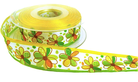 25mm Yellow-Greens-Orange Flowery Print Ribbon by Berisfords