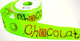 R9718 40mm Fluorescent Green Taffeta Ribbon Chocolat Print, Berisfords