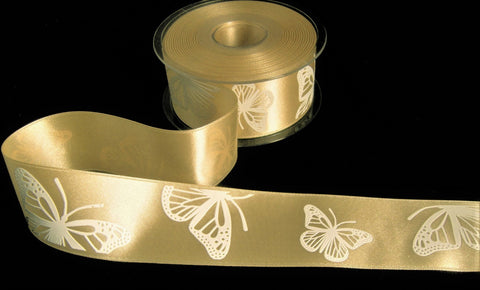 R9738 40mm Antique Cream Satin-White Embossed Butterfly Ribbon,Berisfords