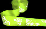 R9742 40mm Green Taffeta-White Embossed Butterfly Ribbon, Berisfords