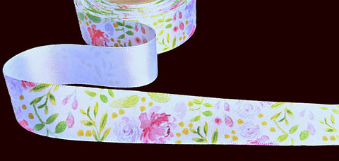 25mm White-Mixed Colour Flowery Print Satin Ribbon by Berisfords