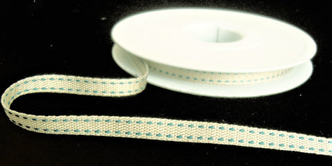 R9757 7mm Natural Woven Ribbon with Blue Stitch Edges by Berisfords