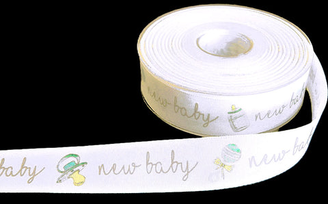 25mm White Rustic Taffeta Baby Theme Printed Ribbon | Berisfords