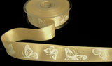 R9768 27mm Cream Satin-White Embossed Butterfly Ribbon, Berisfords