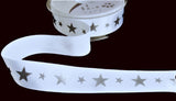 25mm White Satin Ribbon-Metallic Silver Star Print by Berisfords