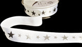 R9782 25mm White Satin Ribbon-Metallic Silver Star Print by Berisfords