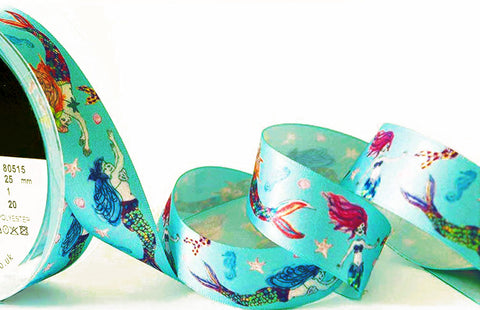 R9787 25mm Blue-Multi Colour Mermaid Print Satin Ribbon by Berisfords