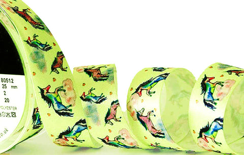 R9789 25mm Sunny Lime-Multi Unicorns Printed Satin Ribbon by Berisfords