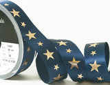 R9800 25mm Navy Satin Ribbon-Metallic Gold Star Print by Berisfords