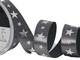 R9801 25mm Grey Satin Ribbon-Metallic Silver Star Print by Berisfords