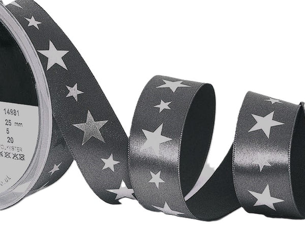 25mm Grey Satin Ribbon-Metallic Silver Star Print by Berisfords ...