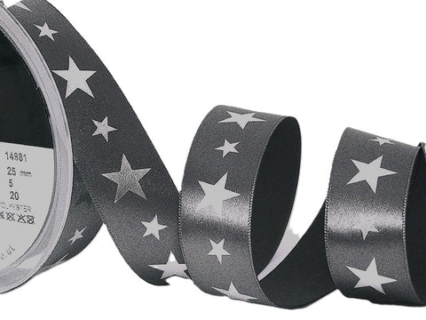 R9801 25mm Grey Satin Ribbon-Metallic Silver Star Print by Berisfords