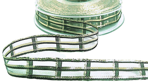 15mm Forest Green-Gold Metallic Sheer Check Ribbon by Berisfords