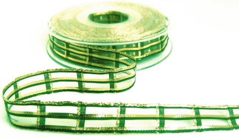 R9828 15mm Forest Green-Gold Metallic Sheer Check Ribbon by Berisfords