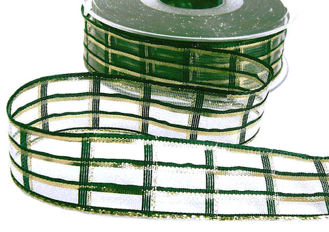 25mm Forest Green-Gold Metallic Sheer Check Ribbon by Berisfords