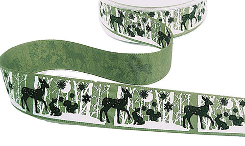 25mm Green Rustic Taffeta Winter Animals Print Ribbon | Berisfords
