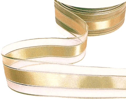 30mm Honey Gold Satin, Metallic & Sheer Stripe Ribbon | Berisfords