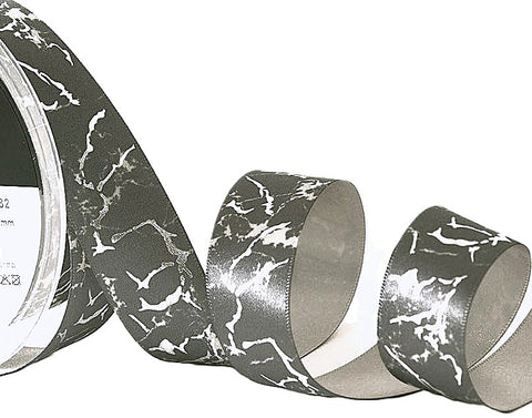 25mm Dark Grey Satin Ribbon with a Metallic Marble Print | Berisfords