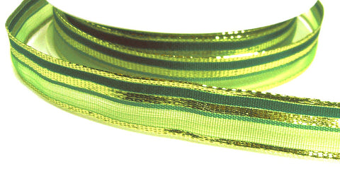 15mm Greens-Gold Wire Edged Sheer & Solid Stripe Ribbon | Berisfords