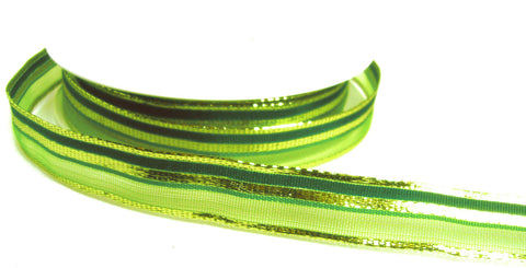 R9849 15mm Greens-Gold Metallic Sheer Stripe Ribbon by Berisfords