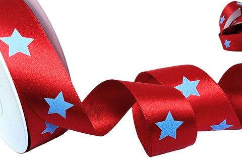 R9861 25mm Red-Blue Satin Ribbon Single Face Star Print by Berisfords