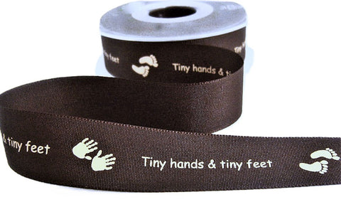 25mm Brown & Cream Tiny hands tiny feet Print Rustic Taffeta Ribbon
