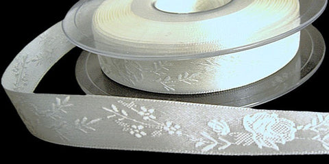 10mm Bridal White Jacquard Rose Satin Ribbon | Berisfords 419
