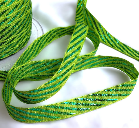Berisfords Meadow Green 10mm Polyester Ribbon with Emerald Metallic Lurex Diagonal Woven Jacquard Stripes